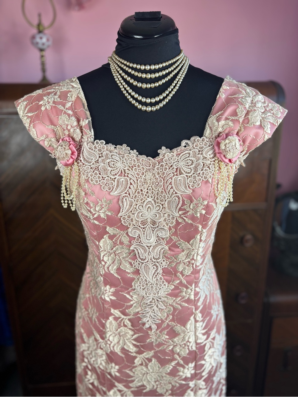 Vintage Pink & Champagne Lace Formal Gown Bridgerton S